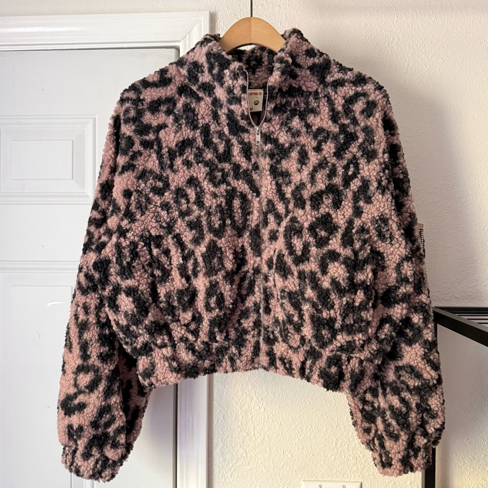 MISS LADYBUG pink black leopard cheetah faux fur cat patch full zip boxy jacket
